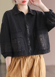 Black Peter Pan Collar Zippered Denim Coats Long Sleeve