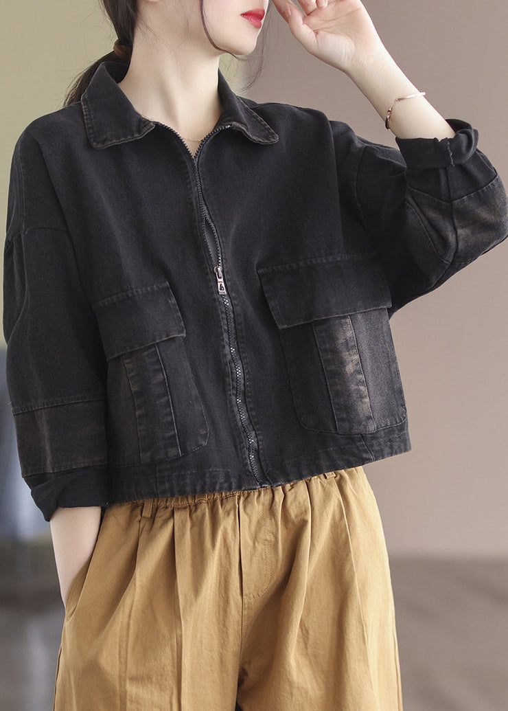 Black Peter Pan Collar Zippered Denim Coats Long Sleeve