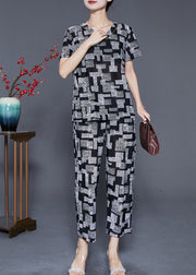 Black Plaid Chiffon Two Piece Suit Set V Neck Summer