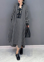 Black Plaid Cotton Robe Dresses Stand Collar Oversized Spring