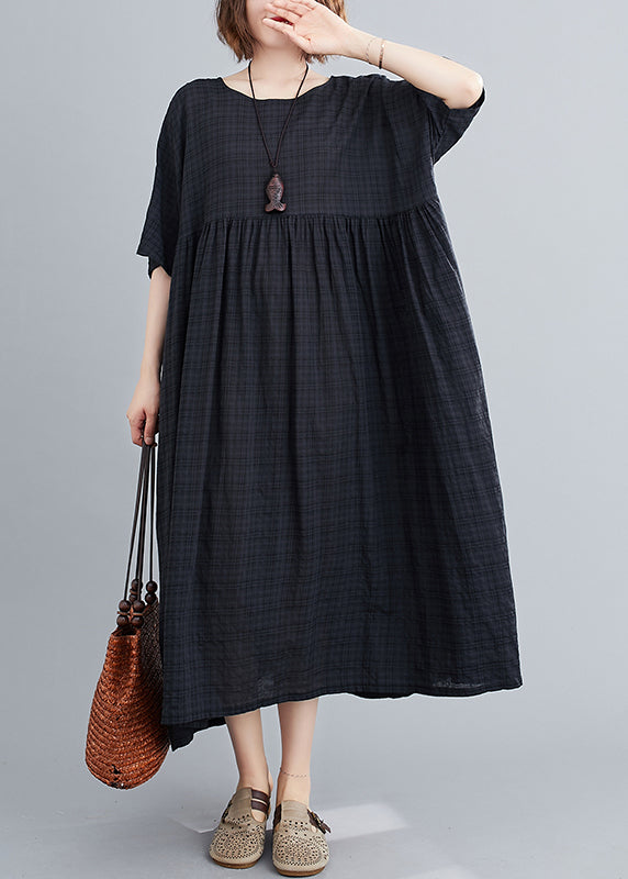 Black Plaid Patchwork Long Dresses Short Sleeve