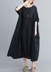 Black Plaid Patchwork Long Dresses Short Sleeve