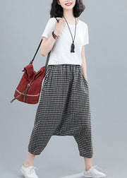 Black Plaid Pockets Patchwork Cotton Crop Pants Elastic Waist Summer