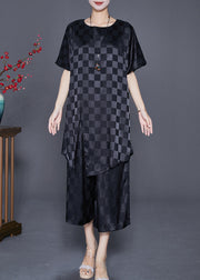 Black Plaid Silk Two-Piece Set O-Neck Side Open Summer