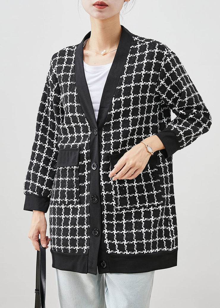 Black Plaid Woolen Coat V Neck Pockets Fall