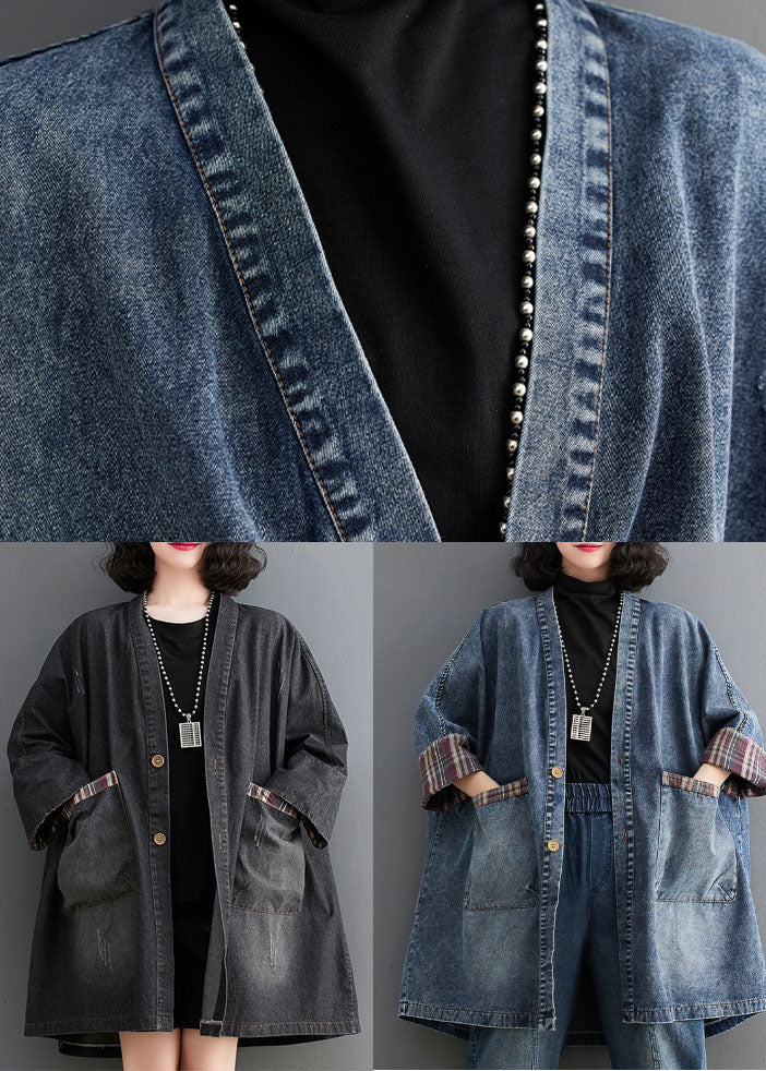 Black Pockets Button Low High Design Denim Trench Coat Fall