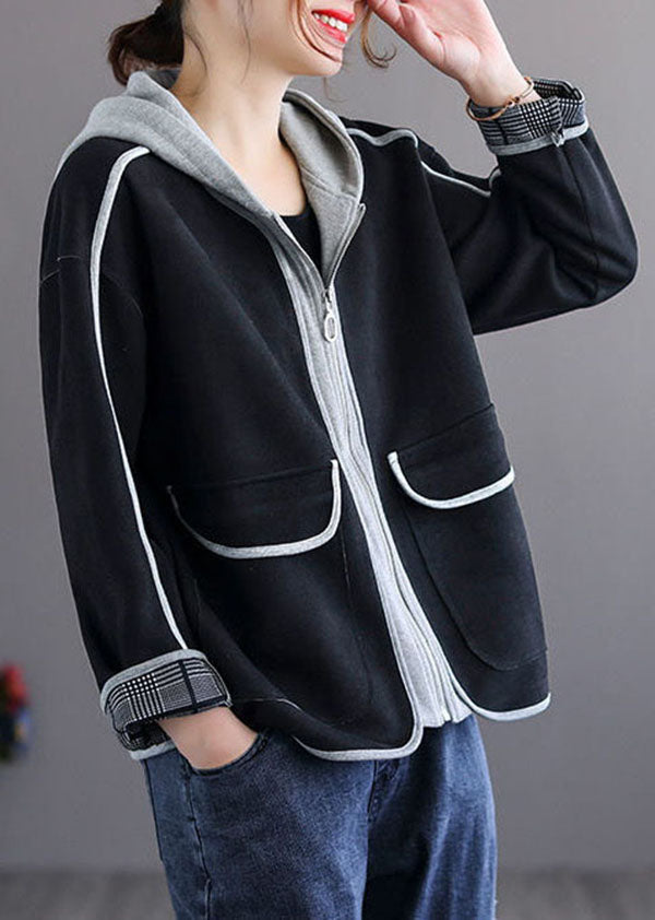 Black Pockets Cotton Coats Zip Up Hooded Spring