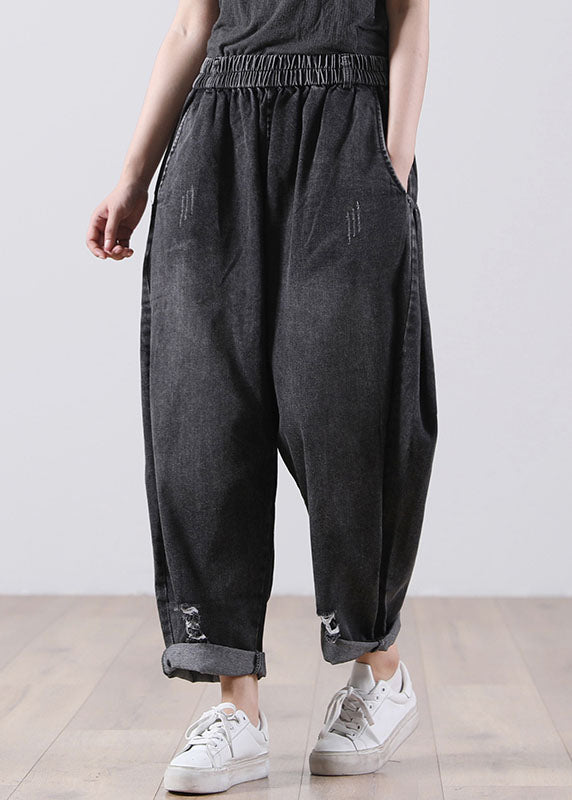 Black Pockets Cotton Denim Harem Pants High Waist Hole Fall