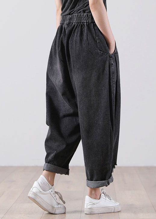 Black Pockets Cotton Denim Harem Pants High Waist Hole Fall