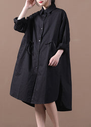 Black Pockets Cotton Loose Shirt Dresses Solid Color Drawstring Long Sleeve