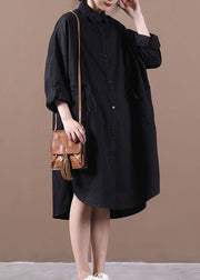 Black Pockets Cotton Loose Shirt Dresses Solid Color Drawstring Long Sleeve