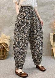 Black Pockets Cotton Summer Harem Pants Elastic Waist