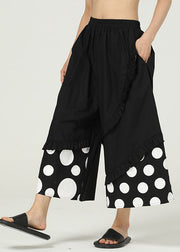 Black Pockets Dot Cotton Wide Leg Trousers Ruffled Summer