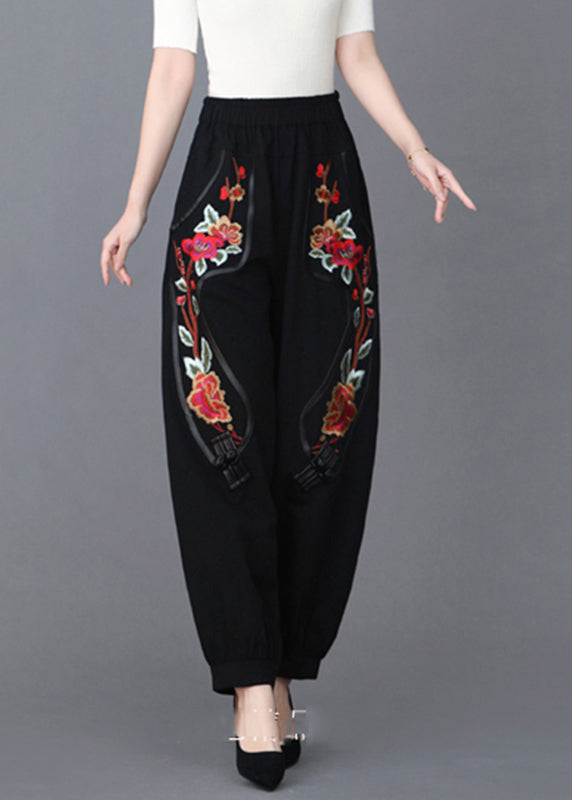 Black Pockets Elastic Waist Linen Pants Fall