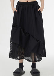 Black Pockets Elastic Waist Patchwork Cotton Skirt Asymmetrical