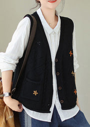 Black Pockets Knit Vest V Neck Button Sleeveless