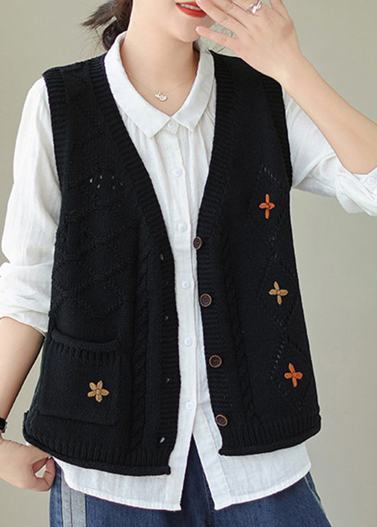 Black Pockets Knit Vest V Neck Button Sleeveless