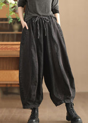 Black Pockets Lace Up Patchwork Harem Pants High Waist