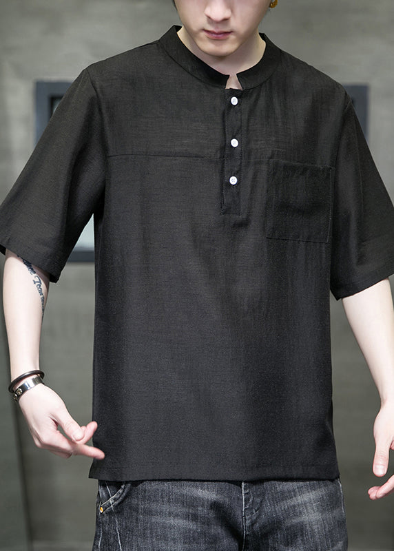 Black Pockets Linen Men T Shirts Stand Collar Half Sleeve