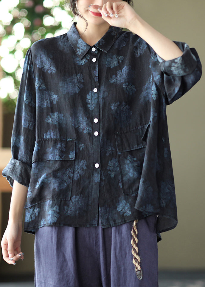 Black Pockets Linen Shirt Peter Pan Collar Spring