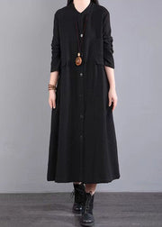 Black Pockets Patchwork Cotton Long Dress Button Wrinkled Fall