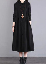 Black Pockets Patchwork Cotton Shirts Dress Peter Pan Collar Fall