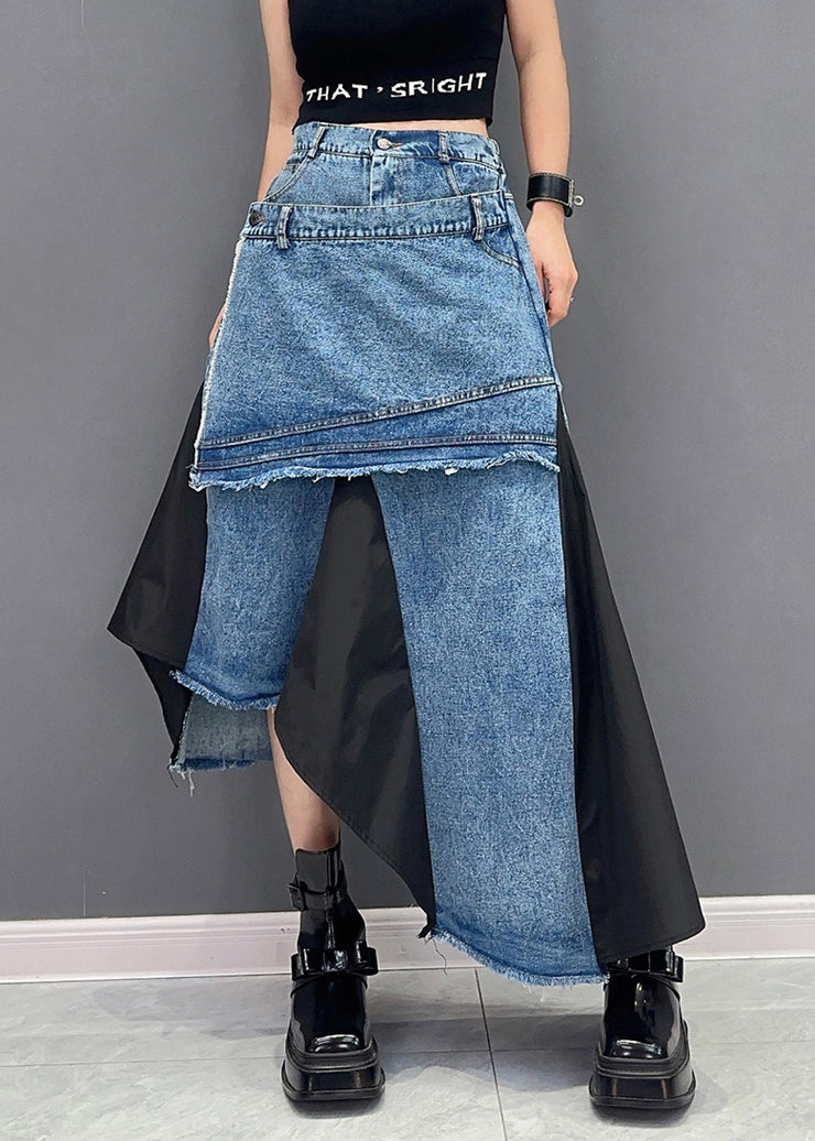 Black Pockets Patchwork Denim Skirts Asymmetrical Summer