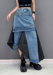 Black Pockets Patchwork Denim Skirts Asymmetrical Summer