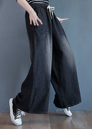 Black Pockets Patchwork Denim Wide Leg Pants Elastic Waist Spring