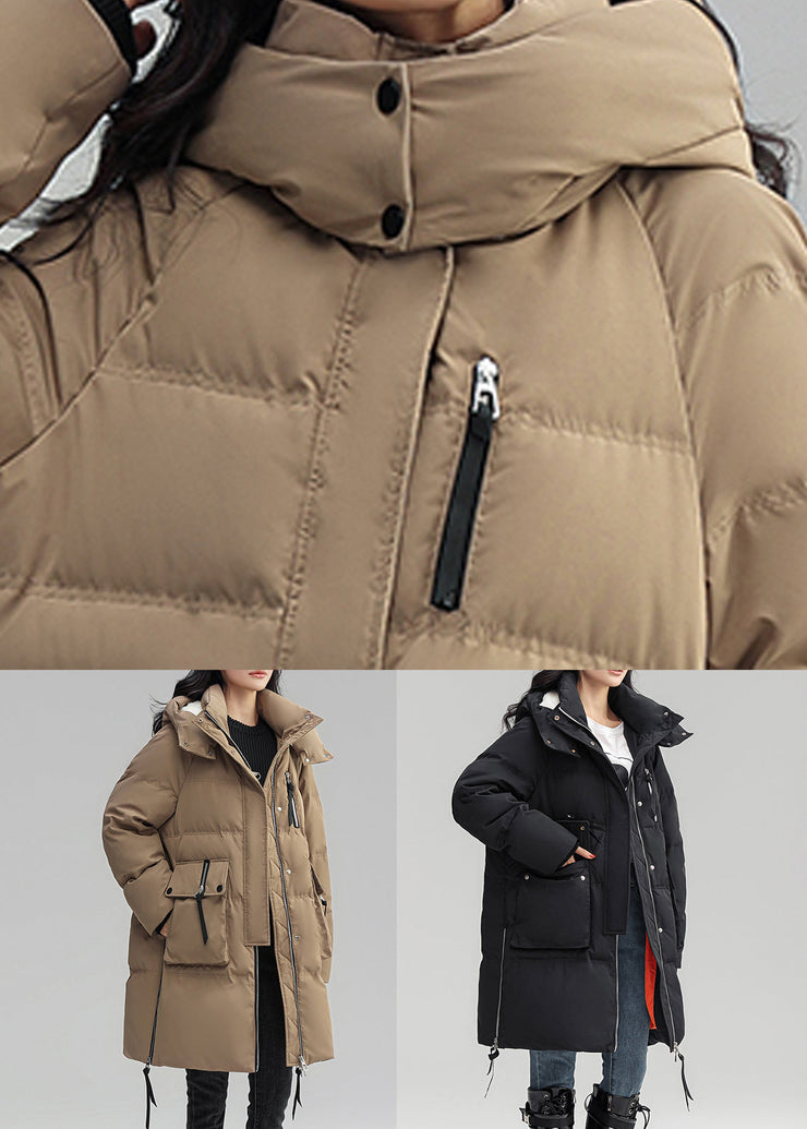 Black Pockets Patchwork Duck Down Down Coat Zip Up Long Sleeve