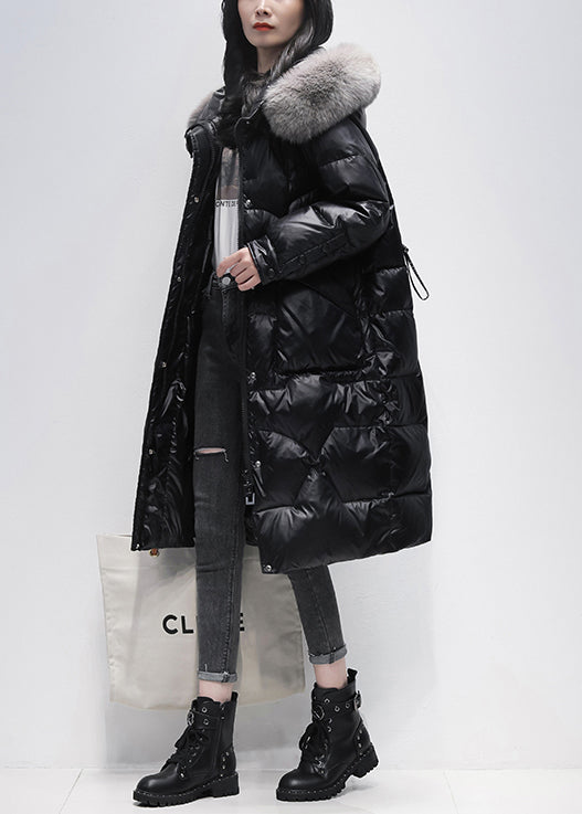 Black Pockets Patchwork Duck Down Hooded Coat Zip Up Winter