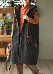 Black Pockets Patchwork Fine Cotton Filled Denim Vest Hooded Sleeveless