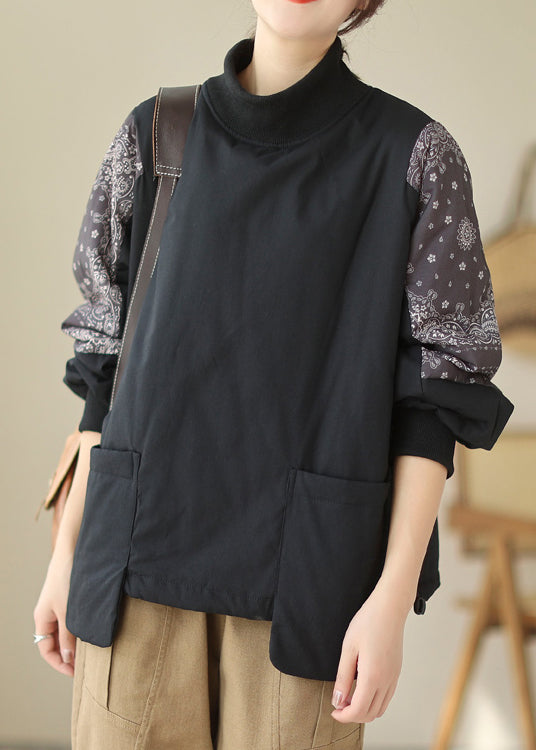 Black Pockets Patchwork Fine Cotton Filled Pullover Hign Neck Winter