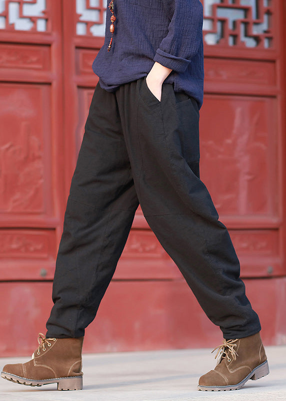 Black Pockets Patchwork High Waist Thick Harem Pants Fall