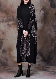 Black Pockets Patchwork Knitting Cotton Long Dress O Neck Long Sleeve