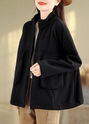 Black Pockets Patchwork Plus Size Warm Fleece Coat Zip Up Fall