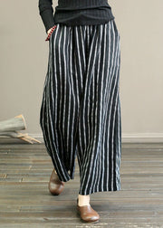 Black Pockets Patchwork Striped Linen Straight Pants Summer