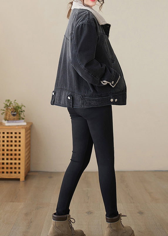 Black Pockets Patchwork Warm Fleece Denim Jackets Peter Pan Collar Winter