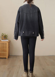 Black Pockets Patchwork Warm Fleece Denim Jackets Peter Pan Collar Winter