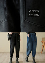 Black Pockets Patchwork Warm Fleece Denim Pants Elastic Waist Winter