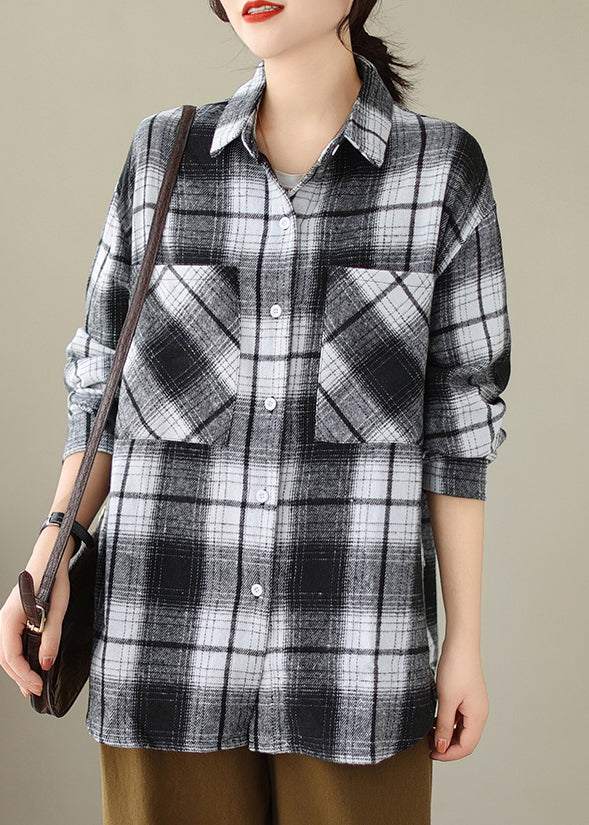 Black Pockets Plaid Casual Cotton Shirts Coat Peter Pan Collar Fall