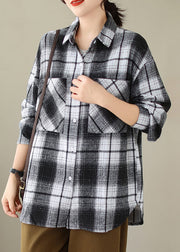 Black Pockets Plaid Casual Cotton Shirts Coat Peter Pan Collar Fall