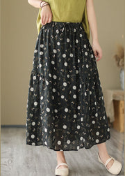 Black Pockets Print Patchwork Linen Skirt Wrinkled Summer