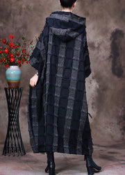 Black Pockets Silk Cotton Hooded Dresses Long Sleeve