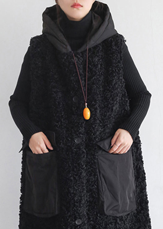 Black Pockets Thick Woolen Hooded Waistcoat Sleeveless