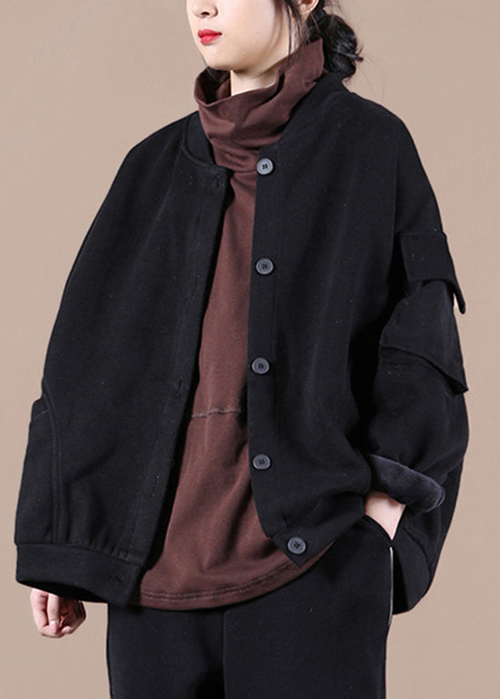 Black Pockets Warm Fleece Coats Stand Collar Batwing Sleeve