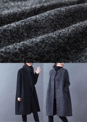 Black Pockets Woolen Coat Outwear O-Neck Button Winter