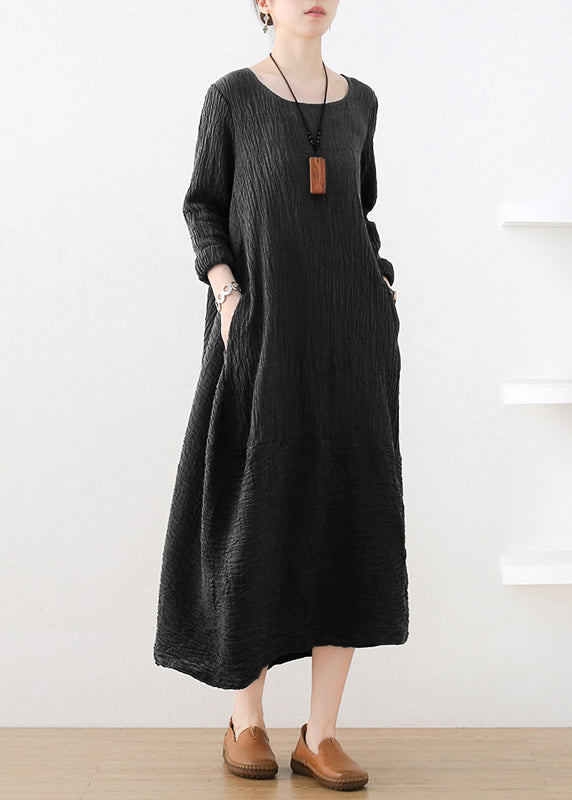 Black Pockets Wrinkled Cotton Maxi Dresses Long Sleeve