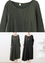 Black Pockets Wrinkled Cotton Maxi Dresses Long Sleeve