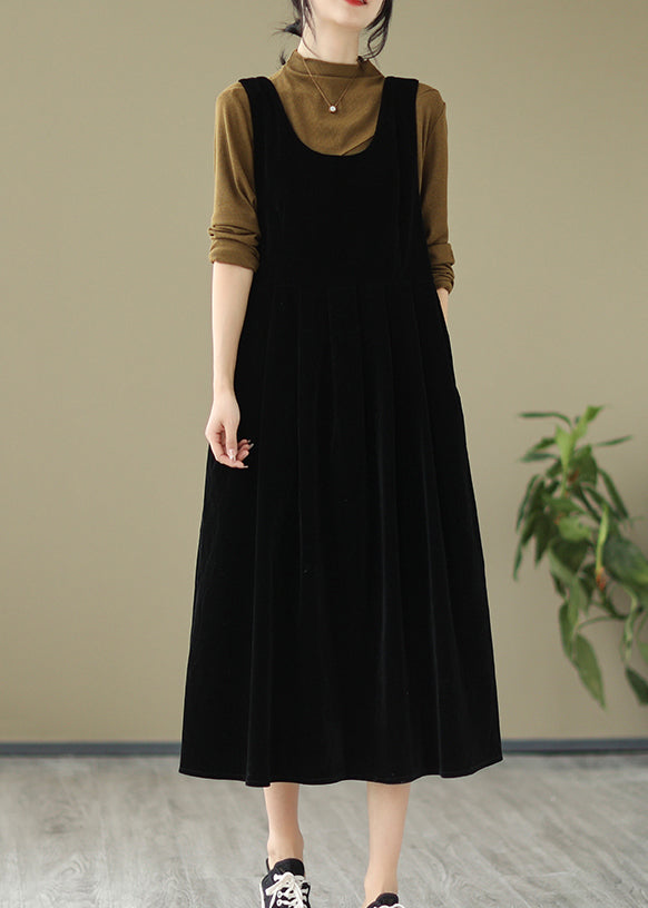 Black Pockets Wrinkled Velour Strap Dress U Neck Bow Spring